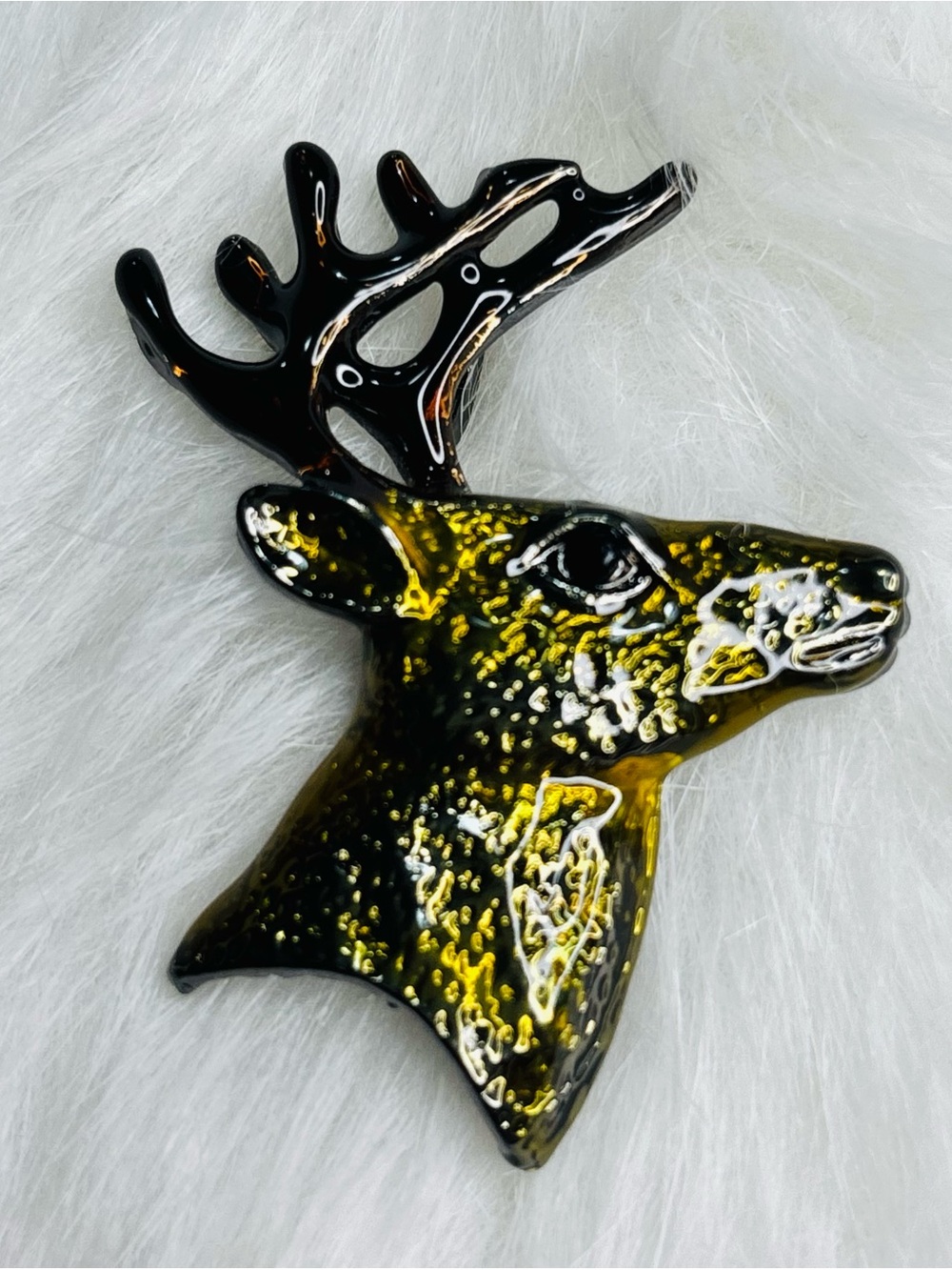 Artistic Deer Head Brooch – Black & Amber Enamel Antler Pin